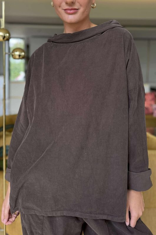 Made in Italy Cooper Needlecord Boat Cowl Neck Top Chocolate